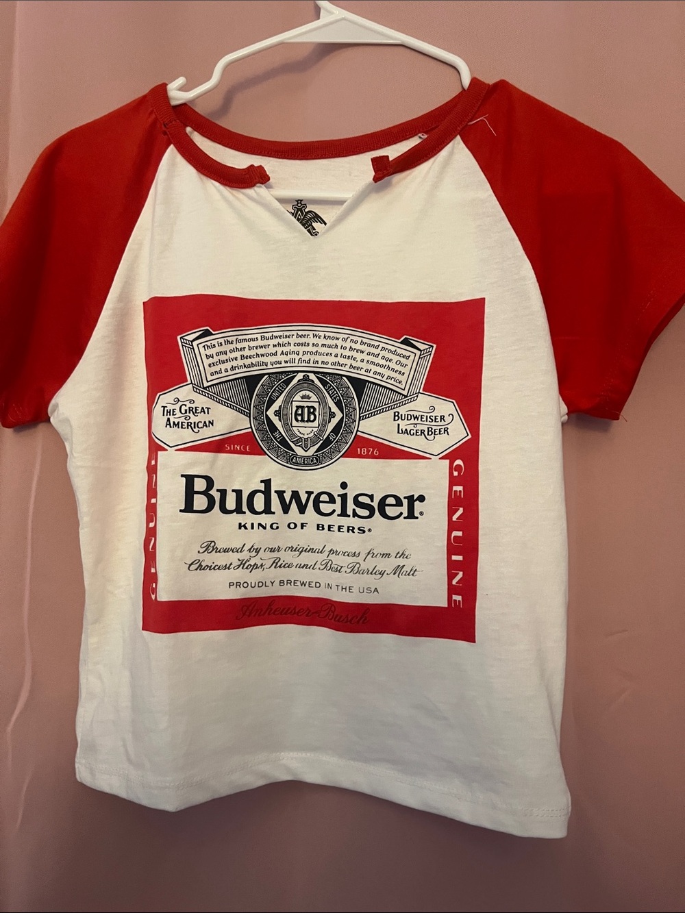 Budweiser White Crop Tee with Red Raglan Sleeves